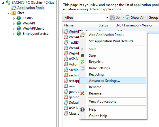 Application Pool Advance Settings